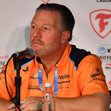 Sep 8, 2023; Salinas, California, USA; McLaren Racing chief executive officer Zak Brown speaks  to announce  driver David Malukas (18) move to Arrow McLaren Racing for the 2024 season before free practice at WeatherTech Raceway Laguna Seca. Mandatory Credit: Gary A. Vasquez-USA TODAY Sports