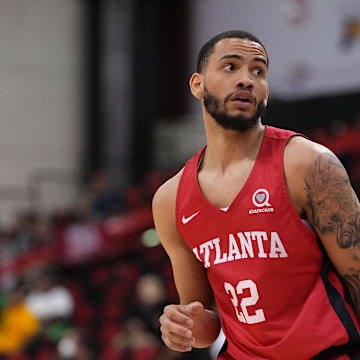 Jul 14, 2022; Las Vegas, NV, USA; Atlanta Hawks guard Tyrese Martin (22) is pictured during an NBA Summer League game against the San Antonio Spurs at Cox Pavilion. Mandatory Credit: Stephen R. Sylvanie-Imagn Images