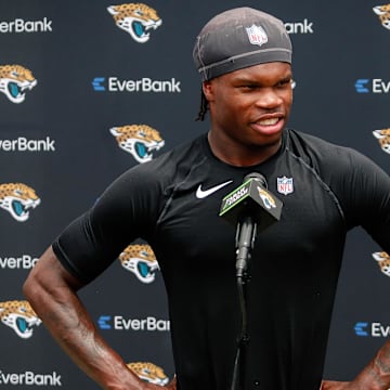 May 10, 2025; Jacksonville, FL, USA; Jacksonville Jaguars wide receiver Travis Hunter (12) meets with the media following rookie minicamp at Miller Electric Center. Mandatory Credit: Travis Register-Imagn Images
