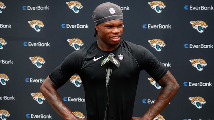 May 10, 2025; Jacksonville, FL, USA; Jacksonville Jaguars wide receiver Travis Hunter (12) meets with the media following rookie minicamp at Miller Electric Center. Mandatory Credit: Travis Register-Imagn Images May 10, 2025; Jacksonville, FL, USA; Jacksonville Jaguars wide receiver Travis Hunter (12) meets with the media following rookie minicamp at Miller Electric Center. Mandatory Credit: Travis Register-Imagn Images