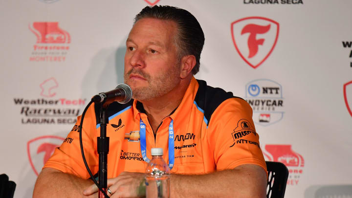 Sep 8, 2023; Salinas, California, USA; McLaren Racing chief executive officer Zak Brown speaks  to announce  driver David Malukas (18) move to Arrow McLaren Racing for the 2024 season before free practice at WeatherTech Raceway Laguna Seca. Mandatory Credit: Gary A. Vasquez-USA TODAY Sports