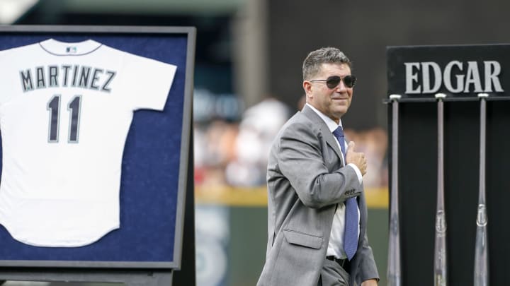 Seattle Mariners hitting coach Edgar Martinez (11) acknowledges the fans following his number retirement ceremony before a game against the Los Angeles Angels at Safeco Field in 2017.