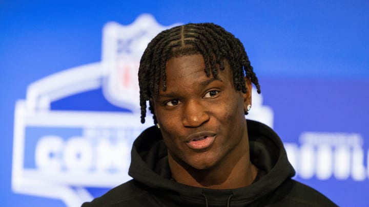 Feb 29, 2024; Indianapolis, IN, USA; Georgia defensive back Kamari Lassiter (DB23) talks to the media during the 2024 NFL Combine at Lucas Oil Stadium. Mandatory Credit: Trevor Ruszkowski-USA TODAY Sports