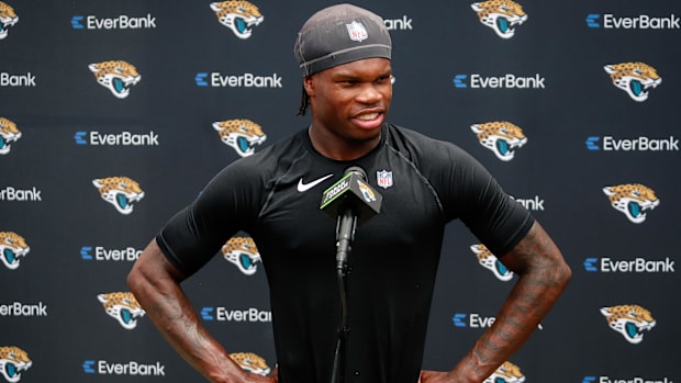 May 10, 2025; Jacksonville, FL, USA; Jacksonville Jaguars wide receiver Travis Hunter (12) meets with the media following roo