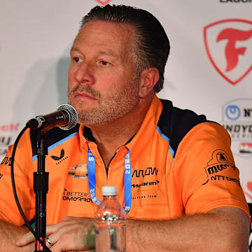 Sep 8, 2023; Salinas, California, USA; McLaren Racing chief executive officer Zak Brown speaks  to announce  driver David Malukas (18) move to Arrow McLaren Racing for the 2024 season before free practice at WeatherTech Raceway Laguna Seca. Mandatory Credit: Gary A. Vasquez-Imagn Images