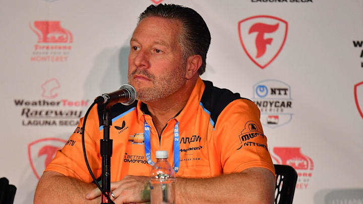 Sep 8, 2023; Salinas, California, USA; McLaren Racing chief executive officer Zak Brown speaks  to announce  driver David Malukas (18) move to Arrow McLaren Racing for the 2024 season before free practice at WeatherTech Raceway Laguna Seca. Mandatory Credit: Gary A. Vasquez-Imagn Images