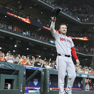 Aug 11, 2025; Houston, Texas, USA; Boston Red Sox third baseman Alex Bregman (2) waives to the crowd after being honored with a video tribute before the game against the Houston Astros at Daikin Park. Mandatory Credit: Troy Taormina-Imagn Images