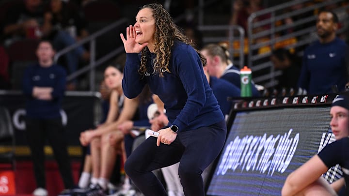 Jan 12, 2025; Los Angeles, California, USA; Penn State Nittany Lions head coach Carolyn Kieger during the first quarter against the USC Trojans at Galen Center. Mandatory Credit: Robert Hanashiro-Imagn Images