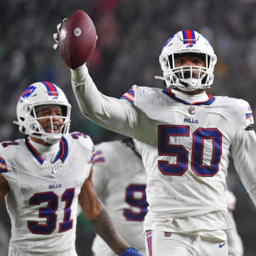 Nov 26, 2023; Philadelphia, Pennsylvania, USA; Buffalo Bills defensive end Greg Rousseau (50) celebrates his fumble recovery against the Philadelphia Eagles during the second quarter at Lincoln Financial Field. Mandatory Credit: Eric Hartline-USA TODAY Sports