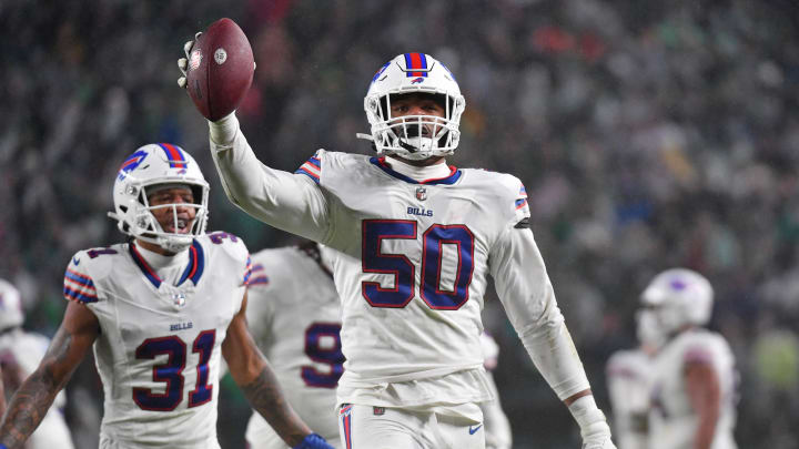 Nov 26, 2023; Philadelphia, Pennsylvania, USA; Buffalo Bills defensive end Greg Rousseau (50) celebrates his fumble recovery against the Philadelphia Eagles during the second quarter at Lincoln Financial Field. Mandatory Credit: Eric Hartline-USA TODAY Sports
