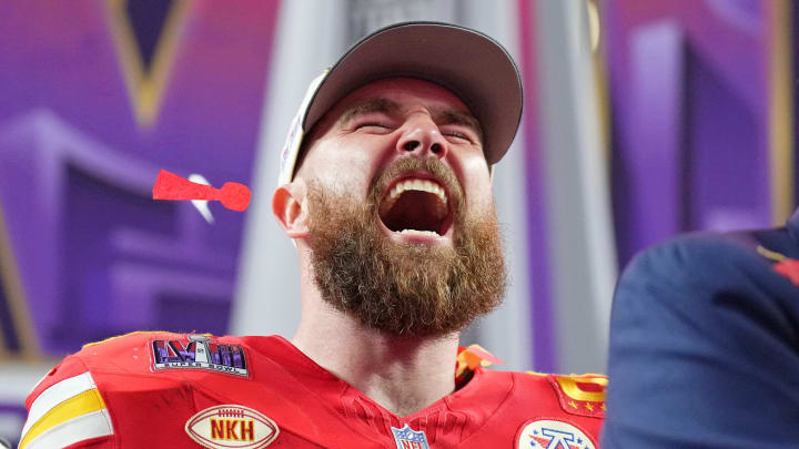 Feb 11, 2024; Paradise, Nevada, USA; Kansas City Chiefs tight end Travis Kelce (87) celebrates after winning Super Bowl LVIII against the San Francisco 49ers at Allegiant Stadium. Mandatory Credit: Kirby Lee-USA TODAY Sports