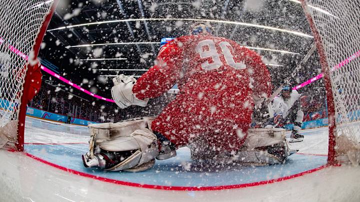 Sergei Ivanov makes a save against USA in the 2020 Winter Youth Olympic Games