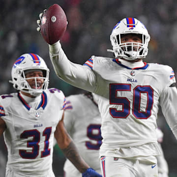 Buffalo Bills defensive end Greg Rousseau celebrates his fumble recovery against the Philadelphia Eagles 