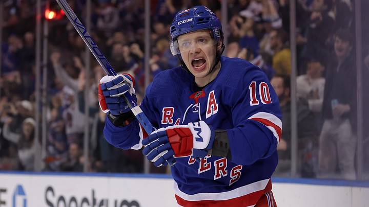 Feb 28, 2024; New York, New York, USA; New York Rangers left wing Artemi Panarin (10) celebrates a goal by defenseman Adam Fox (not pictured) during the second period against the Columbus Blue Jackets at Madison Square Garden. Mandatory Credit: Brad Penner-Imagn Images