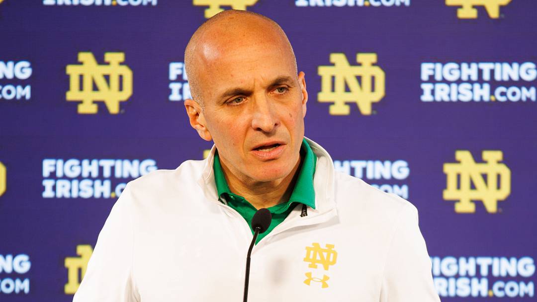Notre Dame athletics director Pete Bevacqua speaks with media at Notre Dame Stadium on Monday, Dec. 17, 2024, in South Bend, Ind.