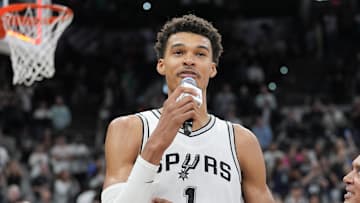 Oct 26, 2024; San Antonio, Texas, USA;  San Antonio Spurs center Victor Wembanyama (1) addresses the crowd after a victory over the Houston Rockets at Frost Bank Center. Mandatory Credit: Daniel Dunn-Imagn Images
