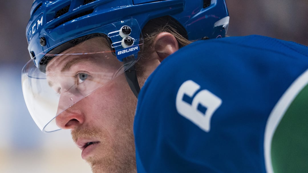 Apr 12, 2025; Vancouver, British Columbia, CAN; Vancouver Canucks forward Brock Boeser (6) during a stop in play against the Minnesota Wild in the second period at Rogers Arena. Mandatory Credit: Bob Frid-Imagn Images