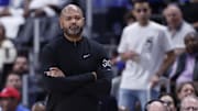 Apr 24, 2025; Detroit, Michigan, USA; Detroit Pistons head coach J.B. Bickerstaff looks on in the second half against the New York Knicks during game three of first round for the 2024 NBA Playoffs at Little Caesars Arena. Mandatory Credit: Rick Osentoski-Imagn Images