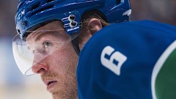 Apr 12, 2025; Vancouver, British Columbia, CAN; Vancouver Canucks forward Brock Boeser (6) during a stop in play against the Minnesota Wild in the second period at Rogers Arena. Mandatory Credit: Bob Frid-Imagn Images