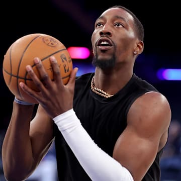 Mar 17, 2025; New York, New York, USA; Miami Heat center Bam Adebayo (13) warms up before a game against the New York Knicks at Madison Square Garden. Mandatory Credit: Brad Penner-Imagn Images