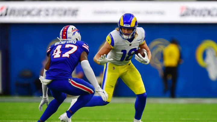 Sep 8, 2022; Inglewood, California, USA; Los Angeles Rams wide receiver Ben Skowronek (18) runs the ball defended by Buffalo Bills cornerback Christian Benford (47) in the first quarter at SoFi Stadium. Mandatory Credit: Gary A. Vasquez-USA TODAY Sports