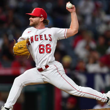 Sep 26, 2023; Anaheim, California, USA; Los Angeles Angels relief pitcher Kolton Ingram (66) throws against the Texas Rangers during the ninth inning at Angel Stadium.