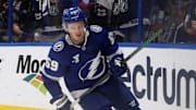 Mar 17, 2025; Tampa, Florida, USA; Tampa Bay Lightning center Jake Guentzel (59) scores a goal against the Philadelphia Flyers  during the third period at Amalie Arena. Mandatory Credit: Kim Klement Neitzel-Imagn Images