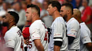 American League outfielder Mike Trout (45) of the Los Angeles Angels wears number 45 in honor of late teammate Tyler Skaggs prior to the 2019 MLB All Star Game at Progressive Field. 