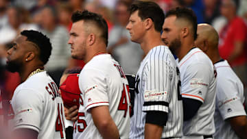 American League outfielder Mike Trout (45) of the Los Angeles Angels wears number 45 in honor of late teammate Tyler Skaggs prior to the 2019 MLB All Star Game at Progressive Field. 