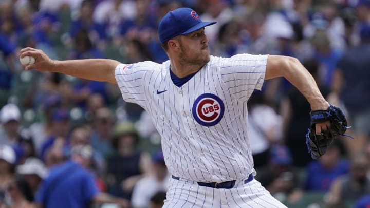 Jun 22, 2024; Chicago, Illinois, USA; Chicago Cubs pitcher Jameson Taillon (50) throws the ball against the New York Mets during the first inning at Wrigley Field. Mandatory Credit: David Banks-USA TODAY Sports