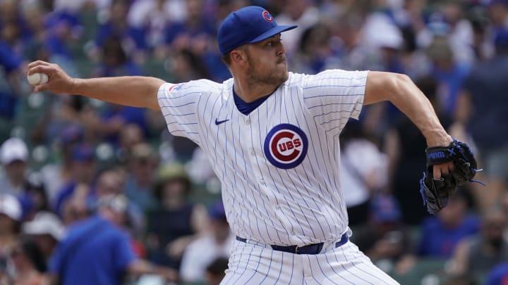 Jun 22, 2024; Chicago, Illinois, USA; Chicago Cubs pitcher Jameson Taillon (50) throws the ball against the New York Mets during the first inning at Wrigley Field.