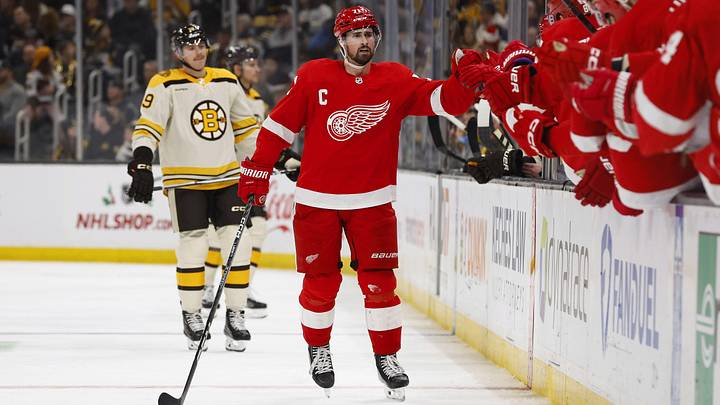 Nov 24, 2023; Boston, Massachusetts, USA; Detroit Red Wings center Dylan Larkin (71) is congratulated at the bench after scoring as Boston Bruins center Johnny Beecher (19) head sto the bench during the third period at TD Garden. Mandatory Credit: Winslow Townson-Imagn Images