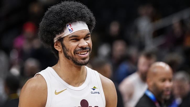 Jan 20, 2024; Atlanta, Georgia, USA; Cleveland Cavaliers center Jarrett Allen (31) reacts after