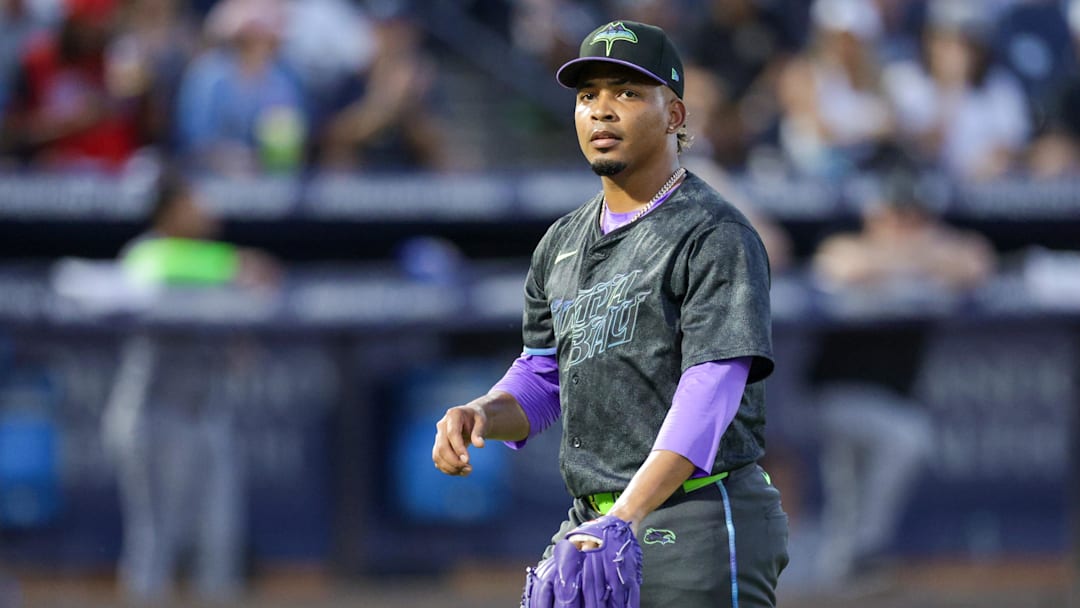 Jul 22, 2025; Tampa, Florida, USA; Tampa Bay Rays pitcher Edwin Uceta (63) looks on against the Chicago White Sox in the fifth inning at George M. Steinbrenner Field. Mandatory Credit: Nathan Ray Seebeck-Imagn Images