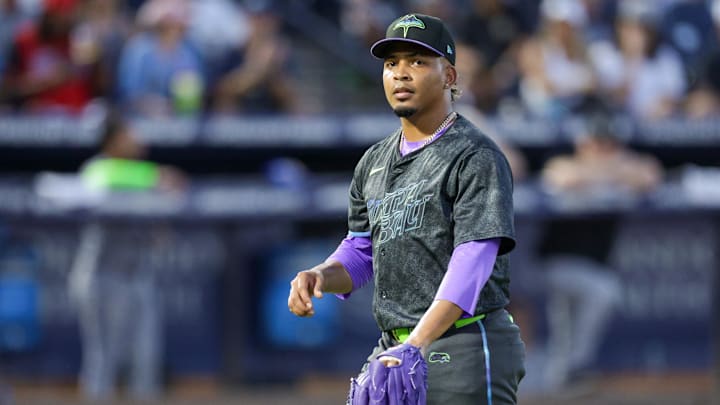 Jul 22, 2025; Tampa, Florida, USA; Tampa Bay Rays pitcher Edwin Uceta (63) looks on against the Chicago White Sox in the fifth inning at George M. Steinbrenner Field. Mandatory Credit: Nathan Ray Seebeck-Imagn Images