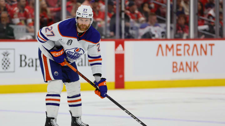 Jun 8, 2024; Sunrise, Florida, USA; Edmonton Oilers defenseman Brett Kulak (27) awaits the puck drop against the Florida Panthers during the third period in game one of the 2024 Stanley Cup Final at Amerant Bank Arena. Mandatory Credit: Sam Navarro-USA TODAY Sports