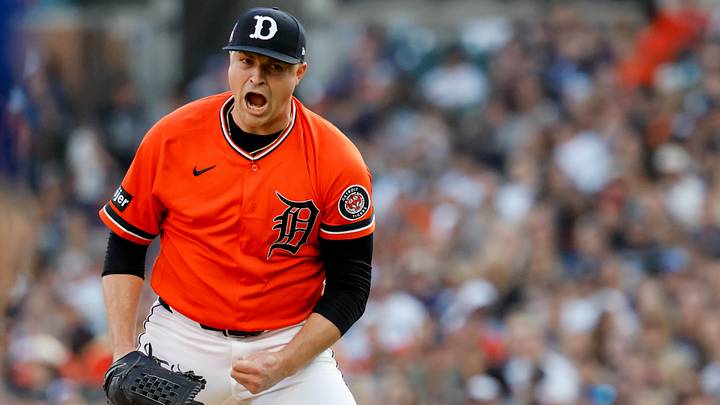 Jul 24, 2026; Detroit, Michigan, USA;  Detroit Tigers pitcher Tarik Skubal (29) celebrates after the third inning against the Kansas City Royals at Comerica Park. Mandatory Credit: Rick Osentoski-Imagn Images