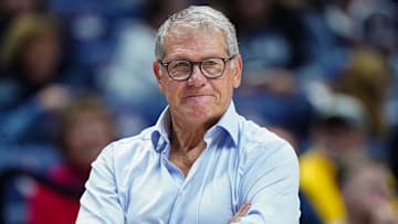 Nov 9, 2025; Storrs, Connecticut, USA; UConn Huskies head coach Geno Auriemma watches from the sideline as they take on the Florida State Seminoles at Harry A. Gampel Pavilion. Mandatory Credit: David Butler II-Imagn Images