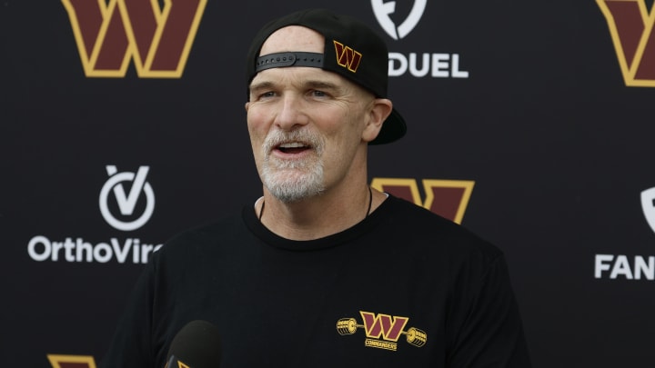 Jun 5, 2024; Ashburn, VA, USA; Washington Commanders head coach Dan Quinn speaks with the media prior to an OTA workout at Commanders Park. Mandatory Credit: Geoff Burke-USA TODAY Sports