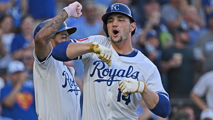Jul 9, 2025; Kansas City, Missouri, USA;  Kansas City Royals right fielder Jac Caglianone (14) celebrates with teammate  third baseman Maikel Garcia (11) after hitting a two-run home run in the fourth inning against the Pittsburgh Pirates at Kauffman Stadium. Mandatory Credit: Peter Aiken-Imagn Images