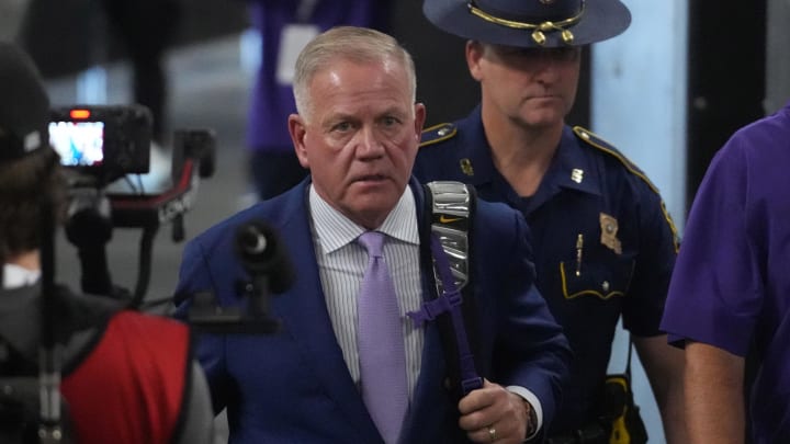 Sep 1, 2024; Paradise, Nevada, USA; LSU Tigers coach Brian Kelly arrives before the game against the Southern California Trojans  at Allegiant Stadium. Mandatory Credit: Kirby Lee-USA TODAY Sports