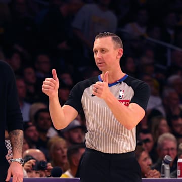 Feb 28, 2025; Los Angeles, California, USA; Los Angeles Lakers head coach JJ Redick reacts to a call by NBA referee Justin Van Duyne (64) during the fourth quarter against the LA Clippers at Crypto.com Arena. Mandatory Credit: Jason Parkhurst-Imagn Images