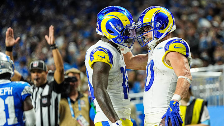 Los Angeles Rams wide receiver Cooper Kupp (10) celebrates a touchdown against with wide receiver Tyler Johnson (18) during the second half at Ford Field in Detroit on Sunday, September 8, 2024.