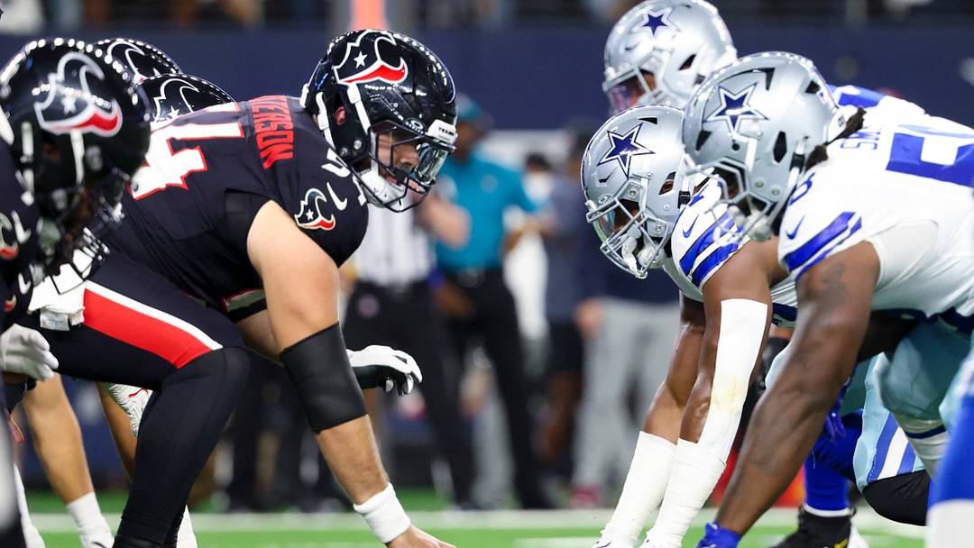 Nov 18, 2024; Arlington, Texas, USA;  Line of scrimmage view as the Dallas Cowboys take on the Houston Texans at AT&T Stadium. Mandatory Credit: Kevin Jairaj-Imagn Images