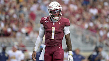 Sep 20, 2025; Tallahassee, Florida, USA; Florida State Seminoles quarterback Thomas Castellanos (1) during the first half against the Kent State Golden Flashes at Doak S. Campbell Stadium. Mandatory Credit: Melina Myers-Imagn Images