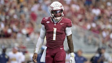 Sep 20, 2025; Tallahassee, Florida, USA; Florida State Seminoles quarterback Thomas Castellanos (1) during the first half against the Kent State Golden Flashes at Doak S. Campbell Stadium. Mandatory Credit: Melina Myers-Imagn Images