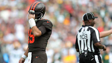 Cleveland Browns quarterback Joe Flacco (15) reacts after an offensive penalty was called in the red zone during the second half of an NFL football game against the Green Bay Packers at Huntington Bank Field, Sept. 21, 2025, in Cleveland, Ohio.