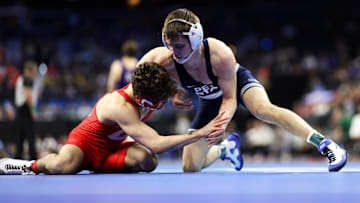 Luke Lilledahl of Penn State wrestles Marcello Milani of Cornell during the 2025 NCAA Wrestling Championships at Wells Fargo Center in Philadelphia. 