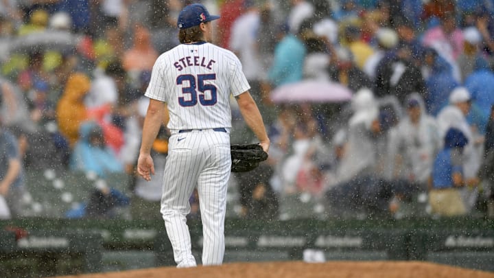 Aug 17, 2024; Chicago, Illinois, USA; Chicago Cubs starting pitcher Justin Steele (35) walks to the dugout during the second inning against the Toronto Blue Jays after a rain delay is called at Wrigley Field. Mandatory Credit: Patrick Gorski-Imagn Images