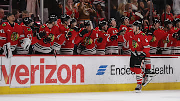Apr 2, 2025; Chicago, Illinois, USA; 
Chicago Blackhawks defenseman Connor Murphy (5) celebrates a second period goal against the Colorado Avalanche at United Center. Mandatory Credit: Talia Sprague-Imagn Images